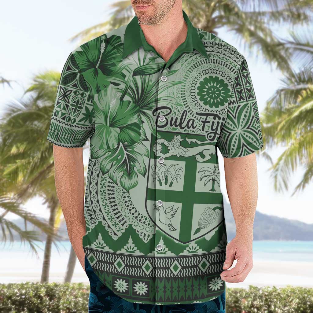 Vintage Bula Fiji Personalised Hawaiian Shirt Green Hibiscus Tapa Pattern LT9 - Polynesian Pride
