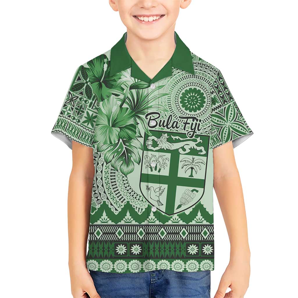 Vintage Bula Fiji Personalised Kid Hawaiian Shirt Green Hibiscus Tapa Pattern