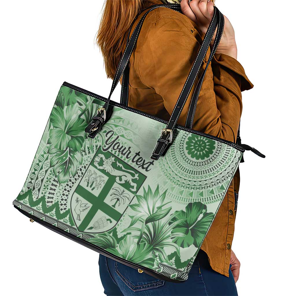 Vintage Bula Fiji Personalised Leather Tote Bag Green Hibiscus Tapa Pattern LT9