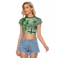 Vintage Bula Fiji Personalised Raglan Cropped T Shirt Green Hibiscus Tapa Pattern