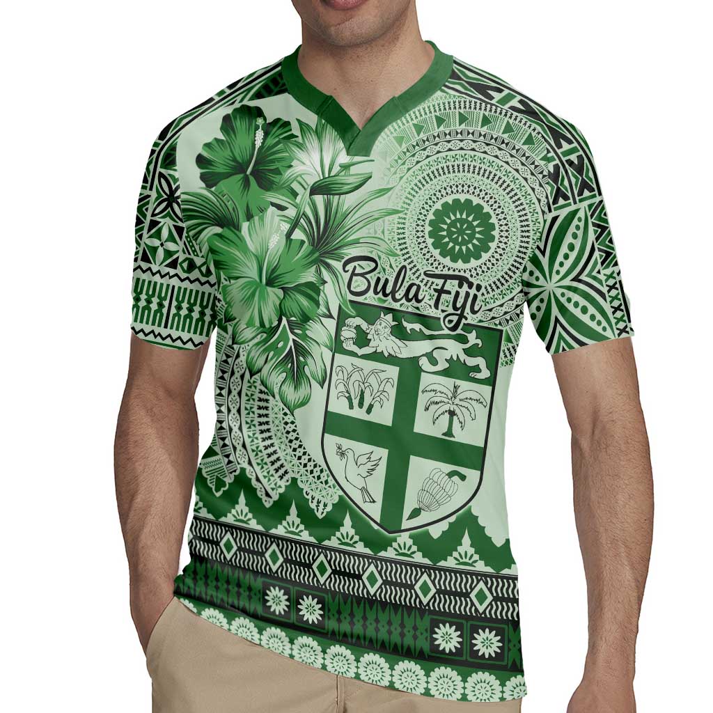 Vintage Bula Fiji Personalised Rugby Jersey Green Hibiscus Tapa Pattern