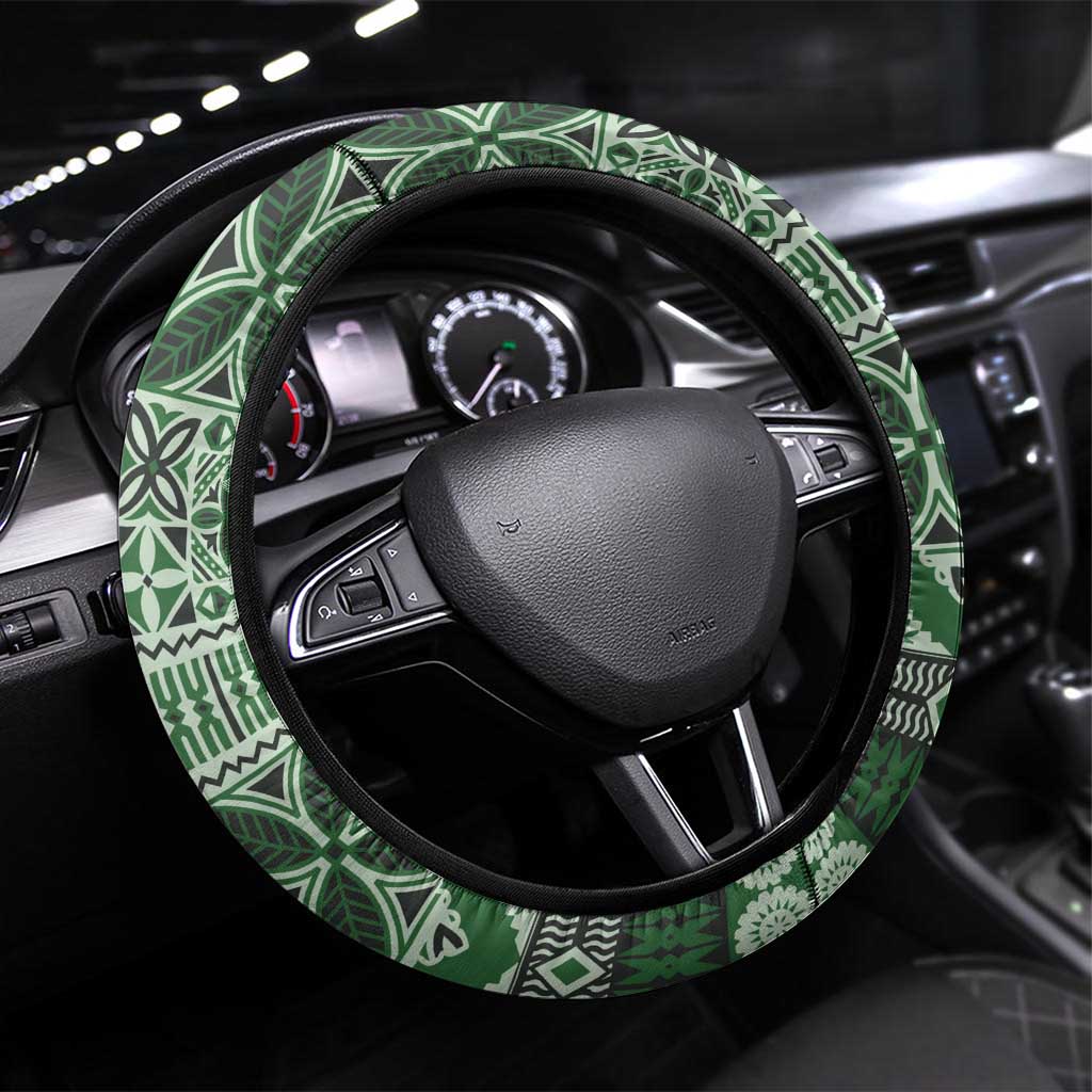 Vintage Bula Fiji Personalised Steering Wheel Cover Green Hibiscus Tapa Pattern LT9