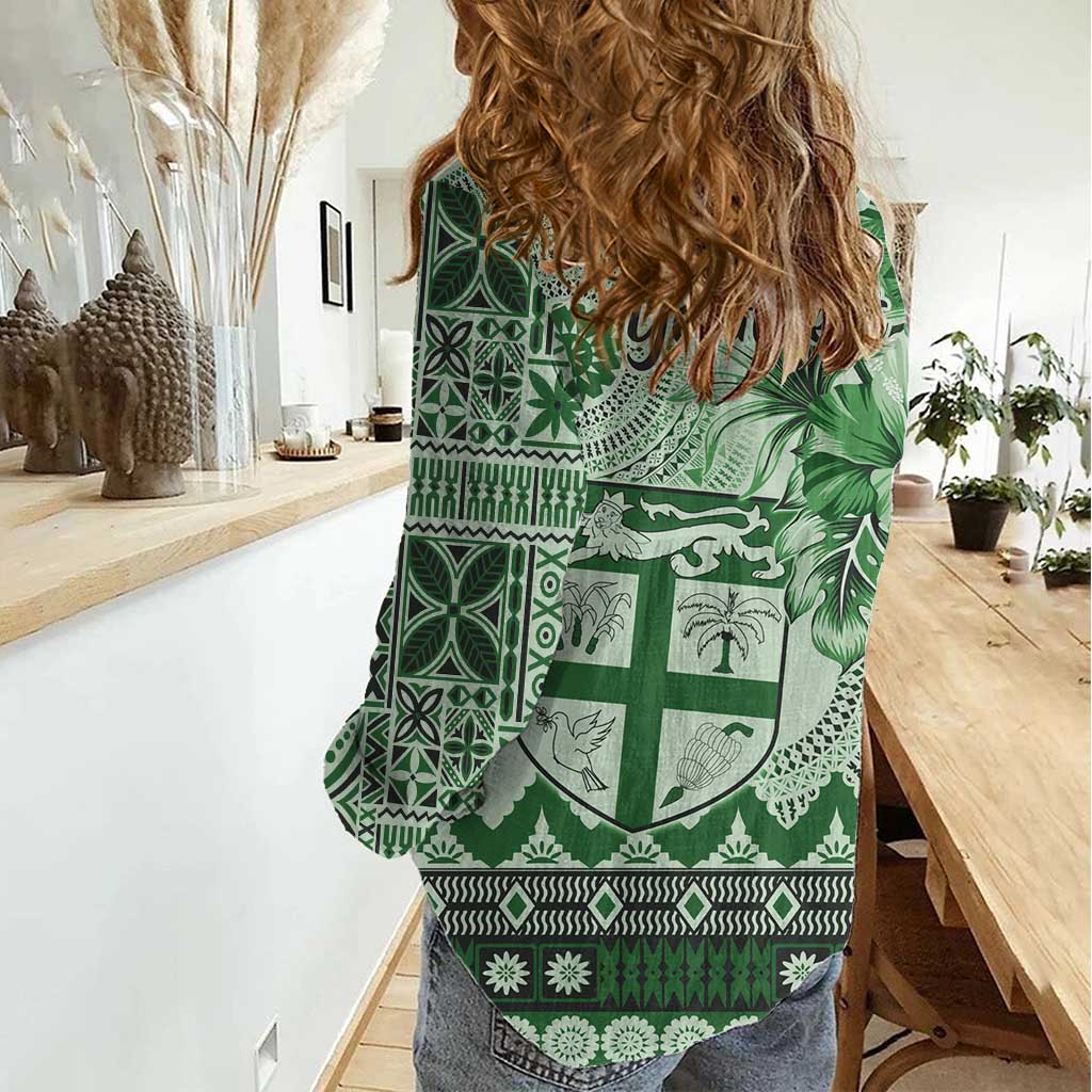 Vintage Bula Fiji Personalised Women Casual Shirt Green Hibiscus Tapa Pattern