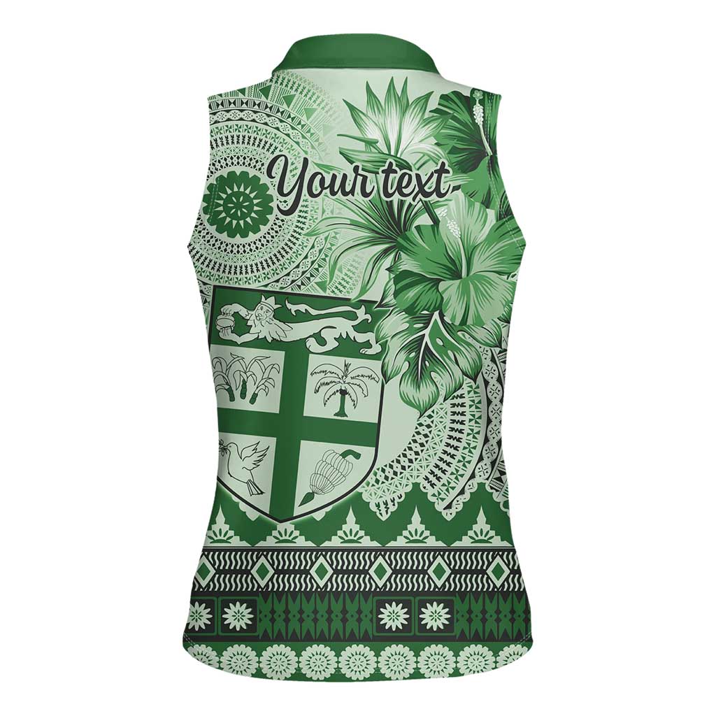 Vintage Bula Fiji Personalised Women Sleeveless Polo Shirt Green Hibiscus Tapa Pattern