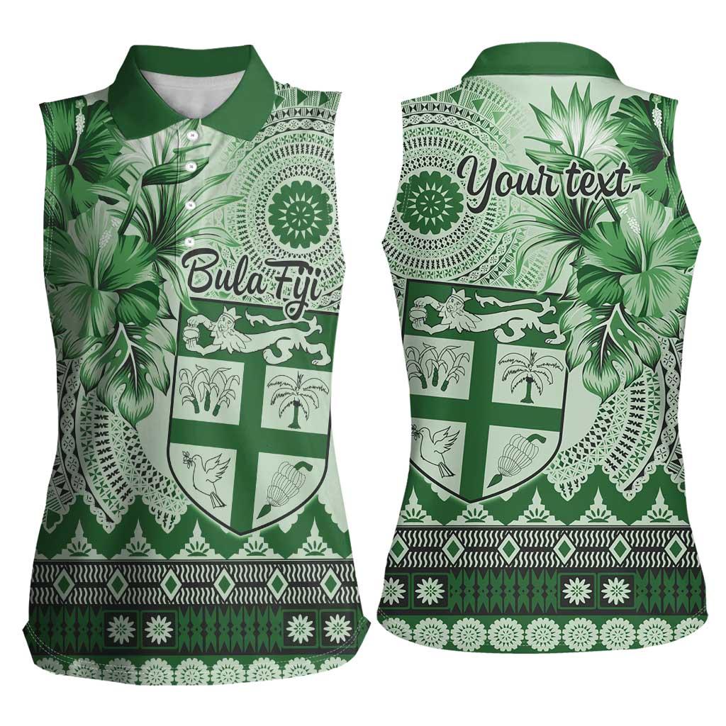 Vintage Bula Fiji Personalised Women Sleeveless Polo Shirt Green Hibiscus Tapa Pattern