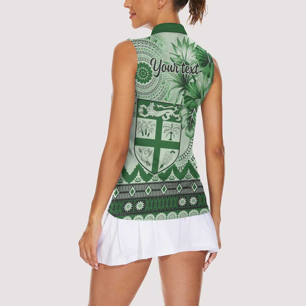 Vintage Bula Fiji Personalised Women Sleeveless Polo Shirt Green Hibiscus Tapa Pattern