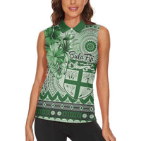 Vintage Bula Fiji Personalised Women Sleeveless Polo Shirt Green Hibiscus Tapa Pattern
