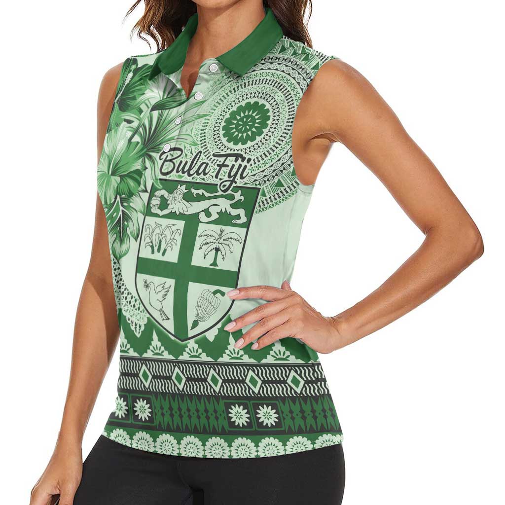 Vintage Bula Fiji Personalised Women Sleeveless Polo Shirt Green Hibiscus Tapa Pattern