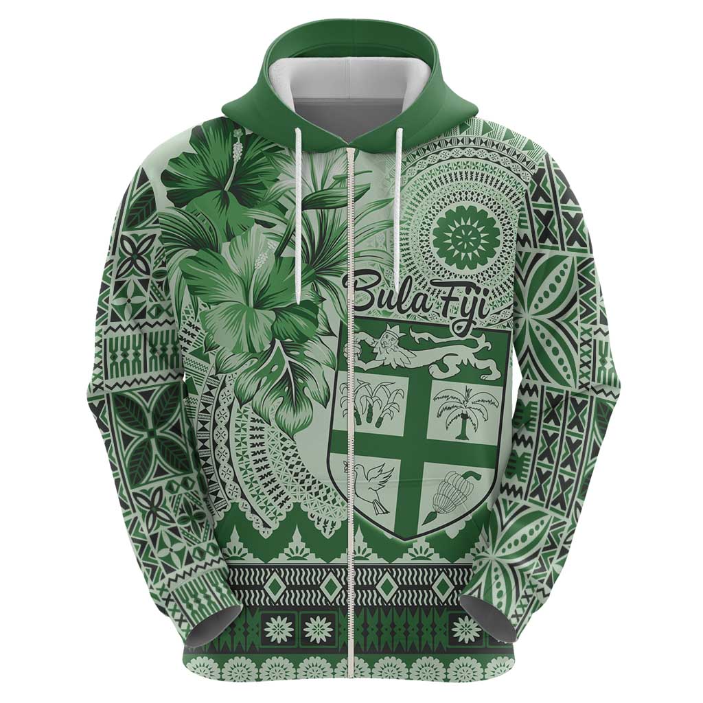 Vintage Bula Fiji Personalised Zip Hoodie Green Hibiscus Tapa Pattern
