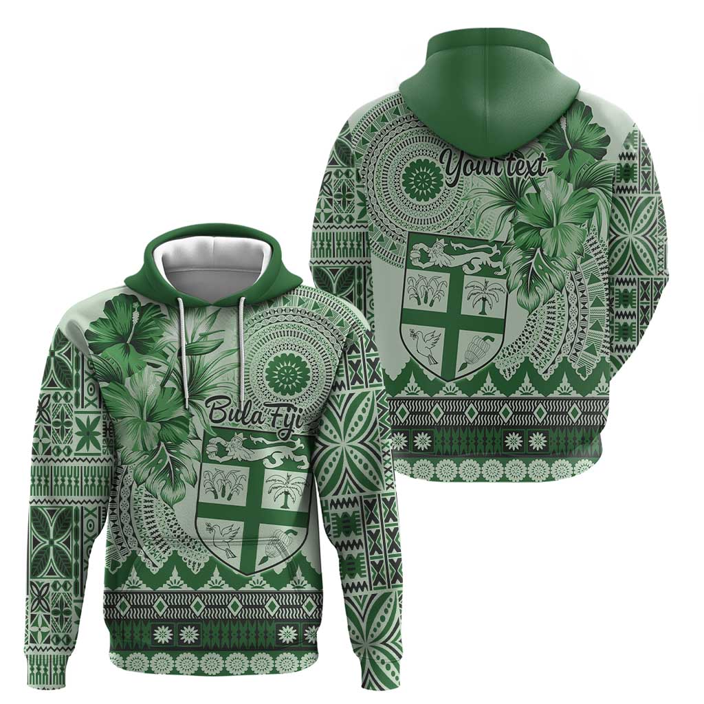 Vintage Bula Fiji Personalised Zip Hoodie Green Hibiscus Tapa Pattern