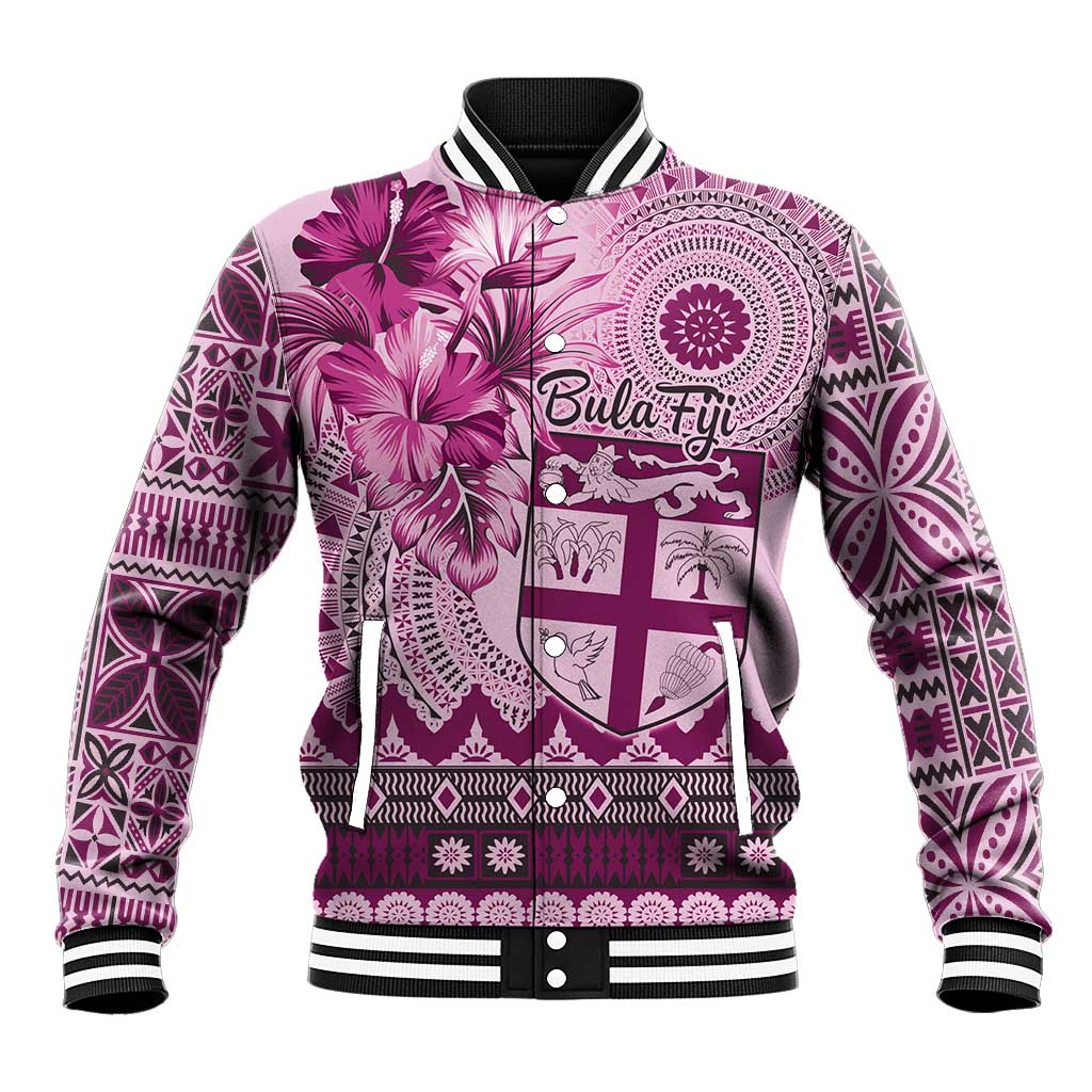 Vintage Bula Fiji Personalised Baseball Jacket Pink Hibiscus Tapa Pattern