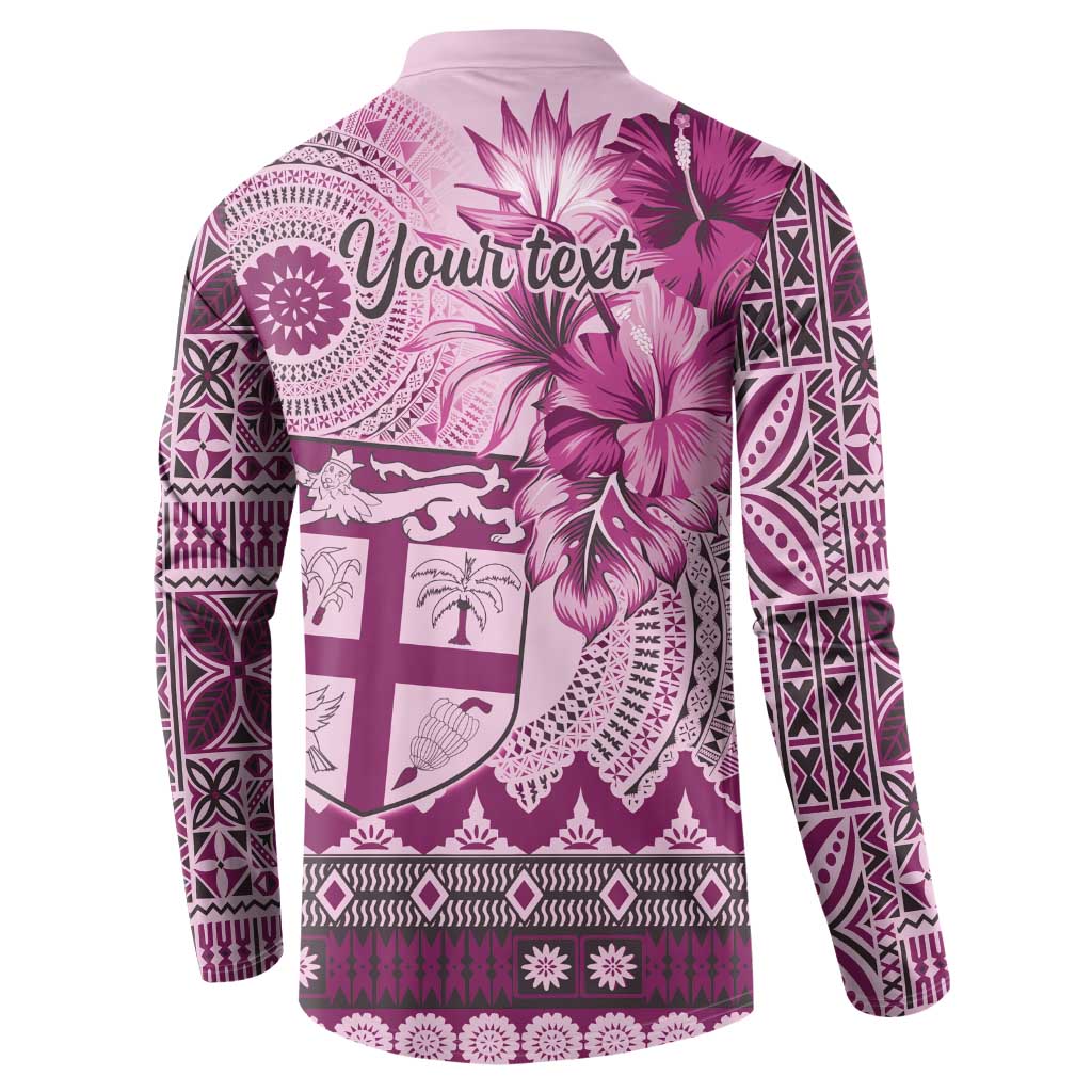 Vintage Bula Fiji Personalised Button Sweatshirt Pink Hibiscus Tapa Pattern