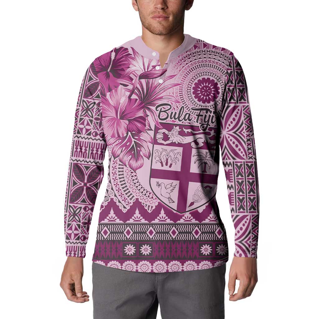 Vintage Bula Fiji Personalised Button Sweatshirt Pink Hibiscus Tapa Pattern