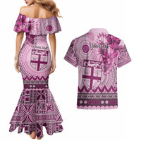 Vintage Bula Fiji Personalised Couples Matching Mermaid Dress and Hawaiian Shirt Pink Hibiscus Tapa Pattern