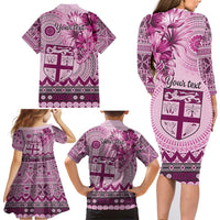 Vintage Bula Fiji Personalised Family Matching Long Sleeve Bodycon Dress and Hawaiian Shirt Pink Hibiscus Tapa Pattern