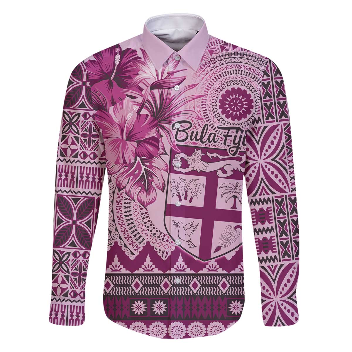 Vintage Bula Fiji Personalised Family Matching Off The Shoulder Long Sleeve Dress and Hawaiian Shirt Pink Hibiscus Tapa Pattern