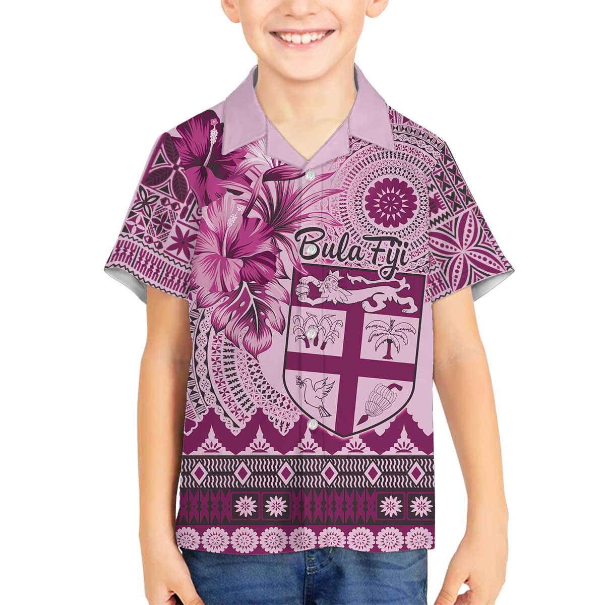 Vintage Bula Fiji Personalised Family Matching Off The Shoulder Long Sleeve Dress and Hawaiian Shirt Pink Hibiscus Tapa Pattern