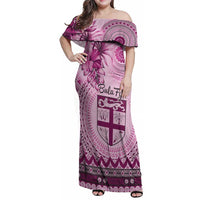 Vintage Bula Fiji Personalised Family Matching Off Shoulder Maxi Dress and Hawaiian Shirt Pink Hibiscus Tapa Pattern
