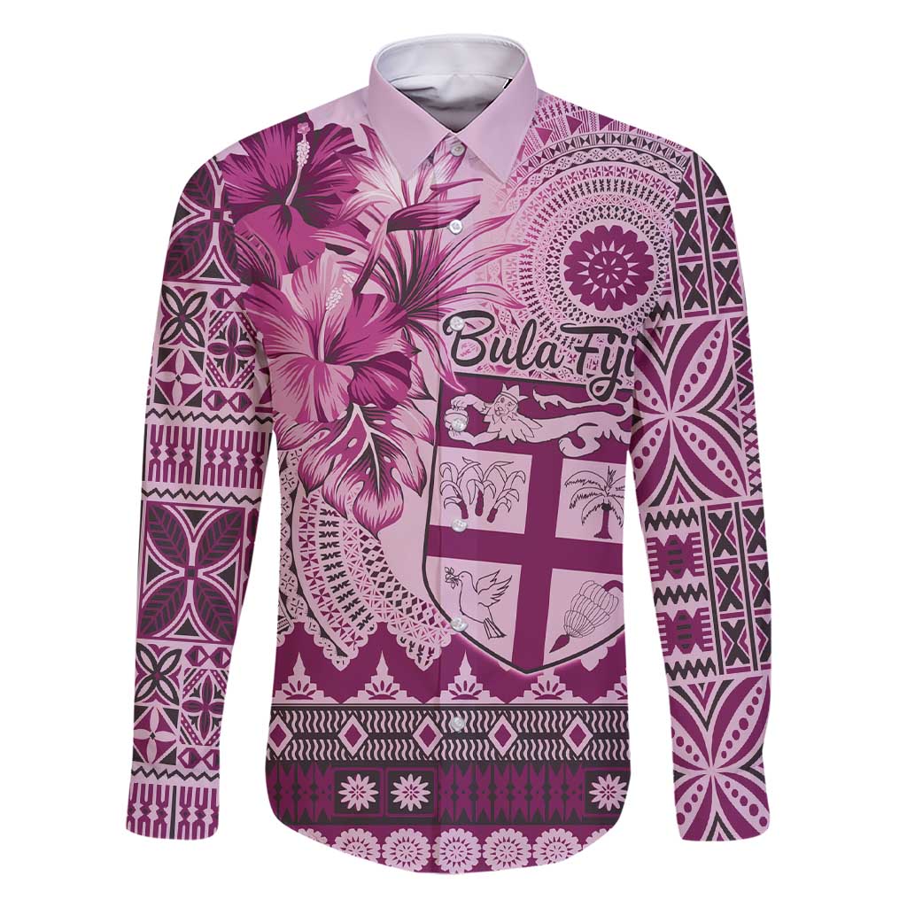 Vintage Bula Fiji Personalised Family Matching Short Sleeve Bodycon Dress and Hawaiian Shirt Pink Hibiscus Tapa Pattern