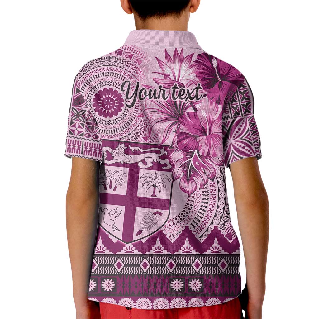 Vintage Bula Fiji Personalised Kid Polo Shirt Pink Hibiscus Tapa Pattern