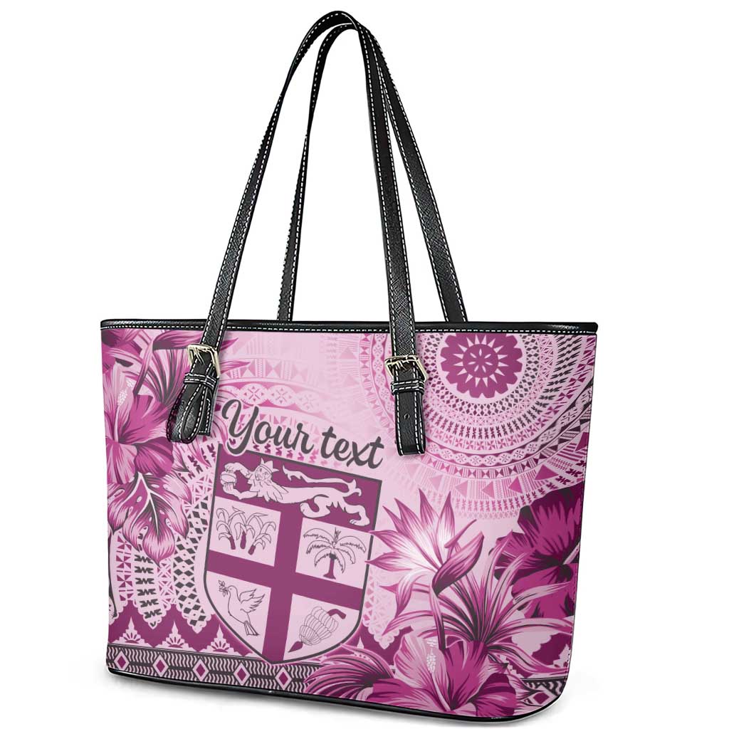 Vintage Bula Fiji Personalised Leather Tote Bag Pink Hibiscus Tapa Pattern LT9
