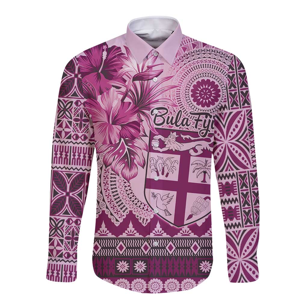 Vintage Bula Fiji Personalised Long Sleeve Button Shirt Pink Hibiscus Tapa Pattern