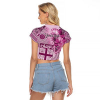 Vintage Bula Fiji Personalised Raglan Cropped T Shirt Pink Hibiscus Tapa Pattern