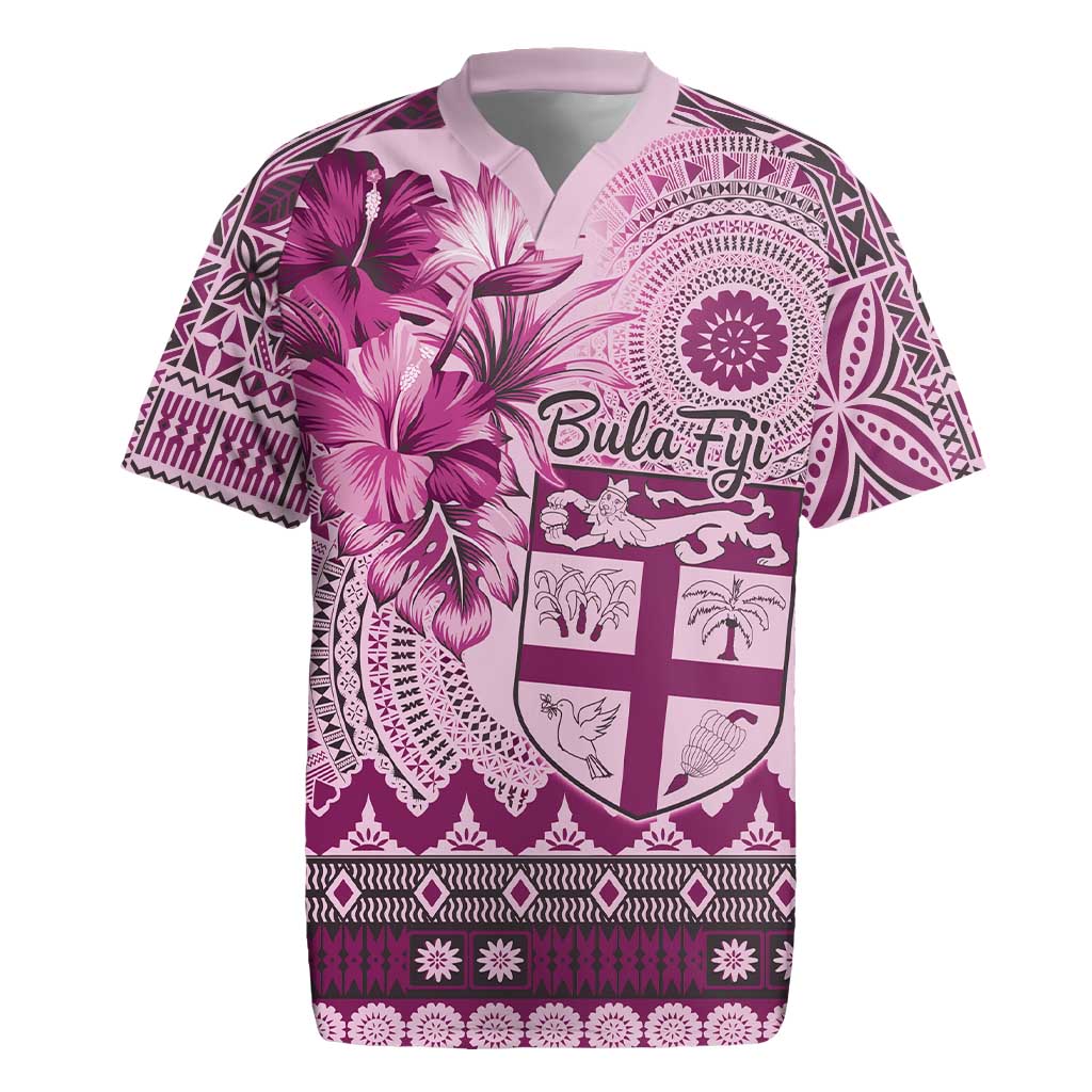 Vintage Bula Fiji Personalised Rugby Jersey Pink Hibiscus Tapa Pattern
