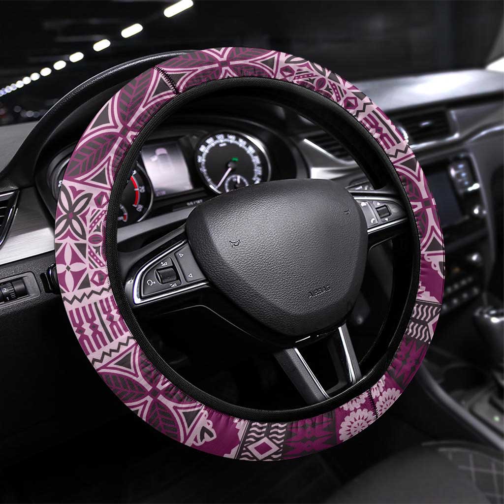 Vintage Bula Fiji Personalised Steering Wheel Cover Pink Hibiscus Tapa Pattern LT9