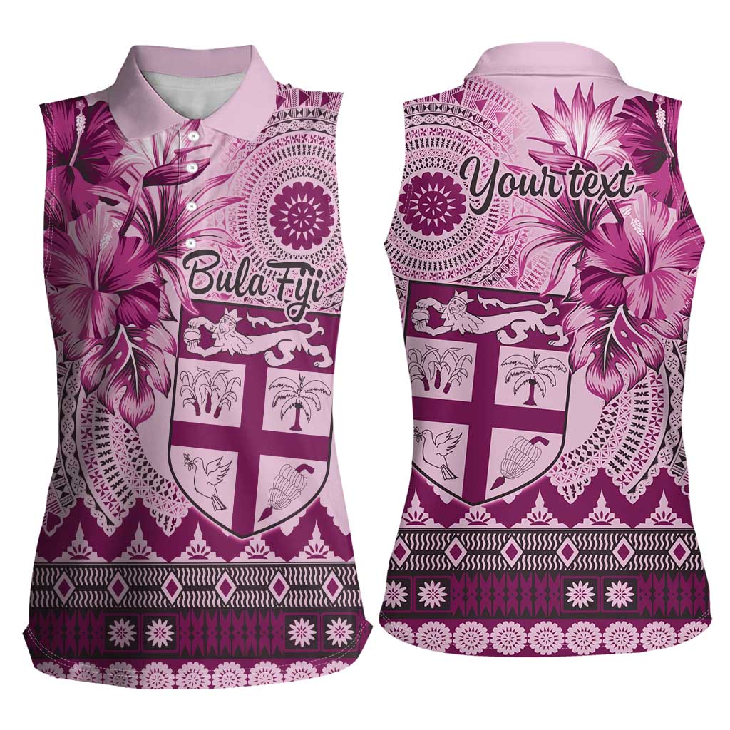 Vintage Bula Fiji Personalised Women Sleeveless Polo Shirt Pink Hibiscus Tapa Pattern