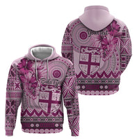 Vintage Bula Fiji Personalised Zip Hoodie Pink Hibiscus Tapa Pattern