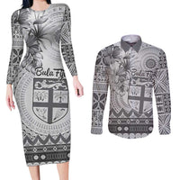 Vintage Bula Fiji Personalised Couples Matching Long Sleeve Bodycon Dress and Long Sleeve Button Shirt Beige Hibiscus Tapa Pattern
