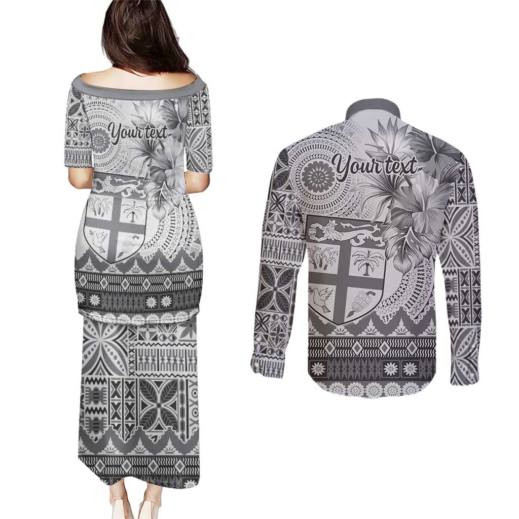 Vintage Bula Fiji Personalised Couples Matching Puletasi and Long Sleeve Button Shirt Beige Hibiscus Tapa Pattern