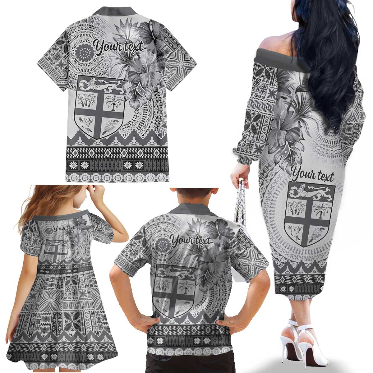 Vintage Bula Fiji Personalised Family Matching Off The Shoulder Long Sleeve Dress and Hawaiian Shirt Beige Hibiscus Tapa Pattern