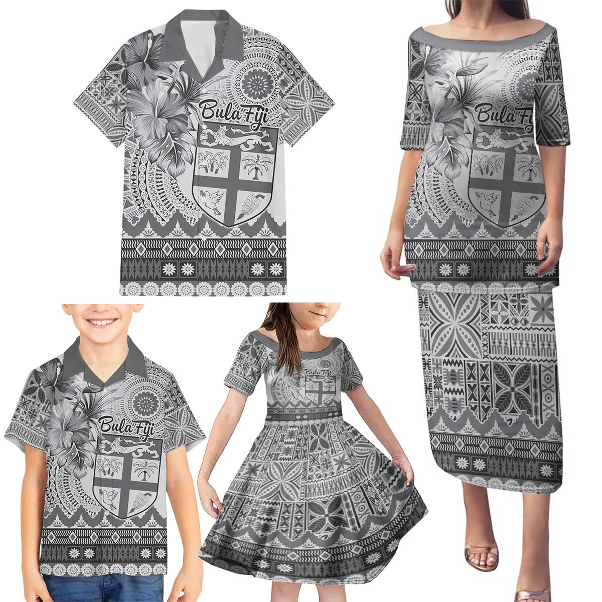 Vintage Bula Fiji Personalised Family Matching Puletasi and Hawaiian Shirt Beige Hibiscus Tapa Pattern