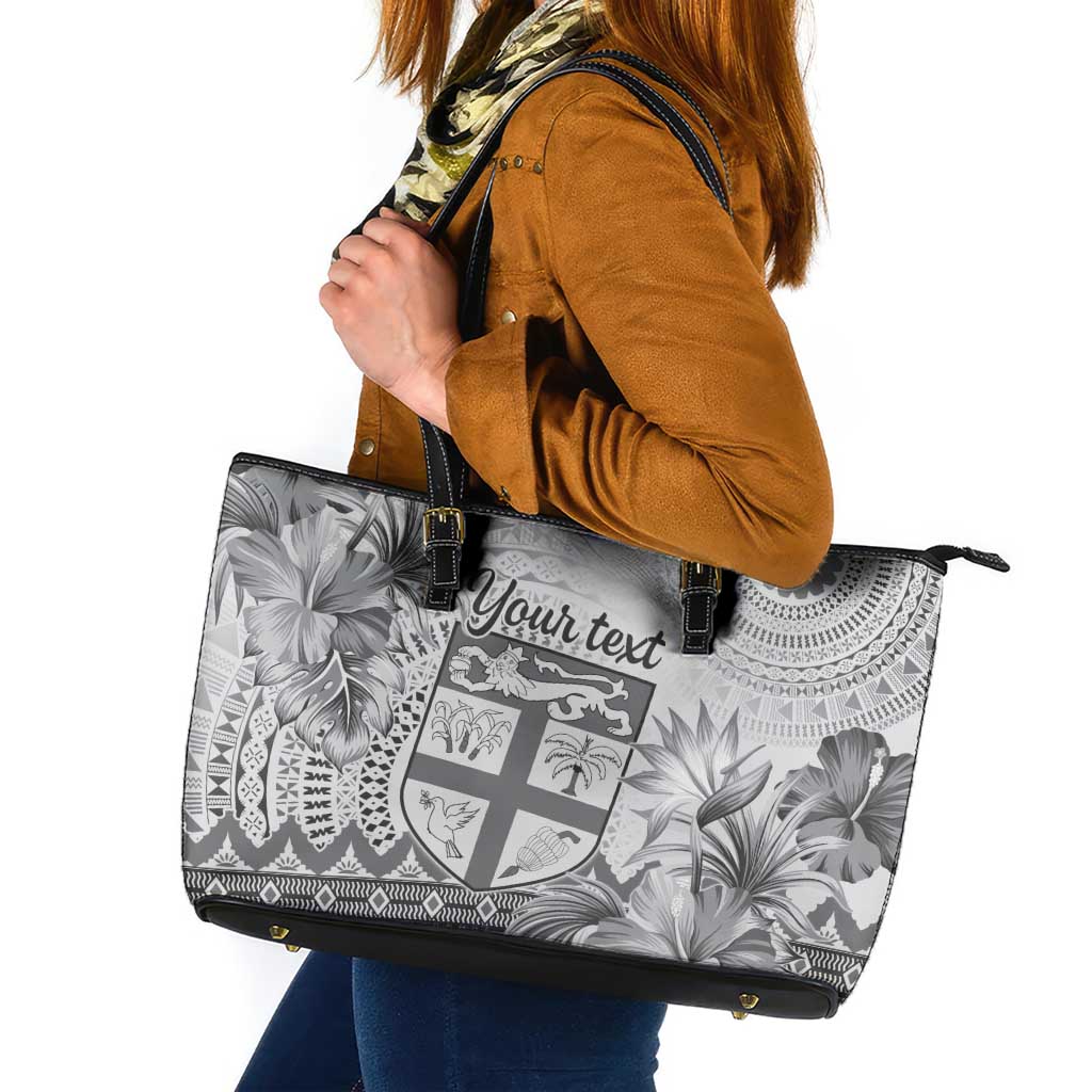 Vintage Bula Fiji Personalised Leather Tote Bag Beige Hibiscus Tapa Pattern LT9