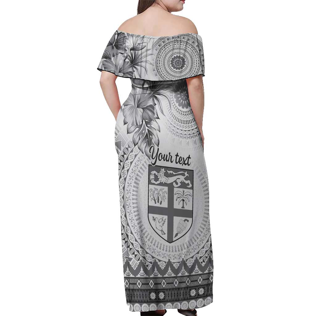 Vintage Bula Fiji Personalised Off Shoulder Maxi Dress Beige Hibiscus Tapa Pattern