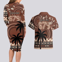 Personalised Bula Fiji 679 Couples Matching Long Sleeve Bodycon Dress and Hawaiian Shirt Fijian Tagimoucia Masi Tapa Art