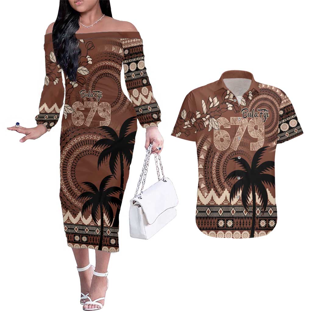 Personalised Bula Fiji 679 Couples Matching Off The Shoulder Long Sleeve Dress and Hawaiian Shirt Fijian Tagimoucia Masi Tapa Art