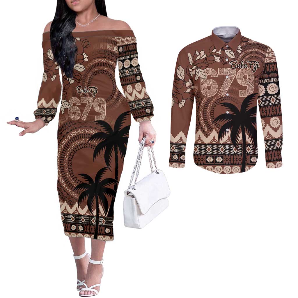 Personalised Bula Fiji 679 Couples Matching Off The Shoulder Long Sleeve Dress and Long Sleeve Button Shirt Fijian Tagimoucia Masi Tapa Art
