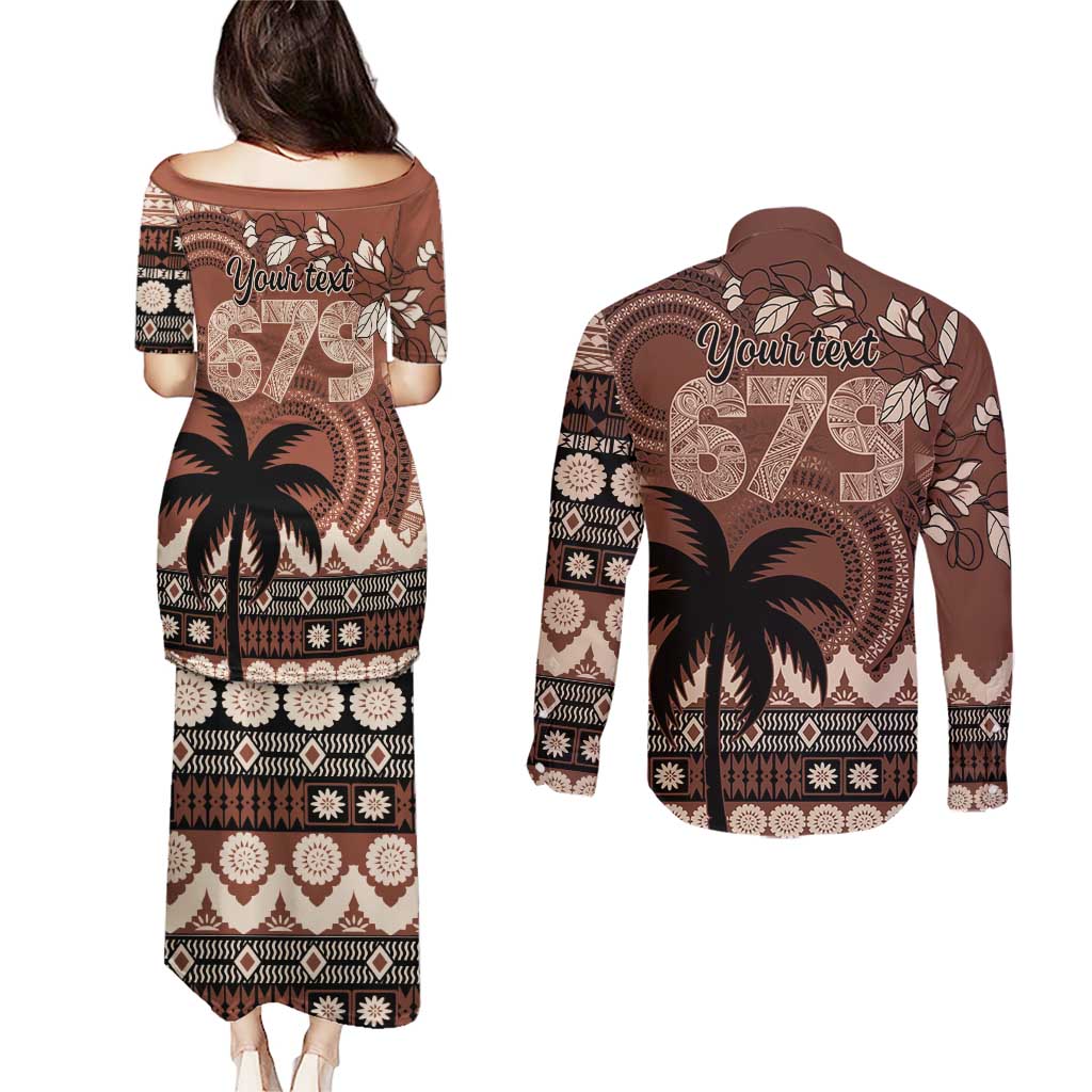 Personalised Bula Fiji 679 Couples Matching Puletasi and Long Sleeve Button Shirt Fijian Tagimoucia Masi Tapa Art