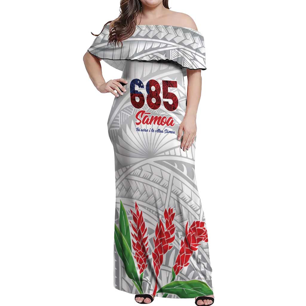 Personalised Samoa 685 Off Shoulder Maxi Dress Teuila Flower With White Samoan Tattoo LT9 Women White - Polynesian Pride