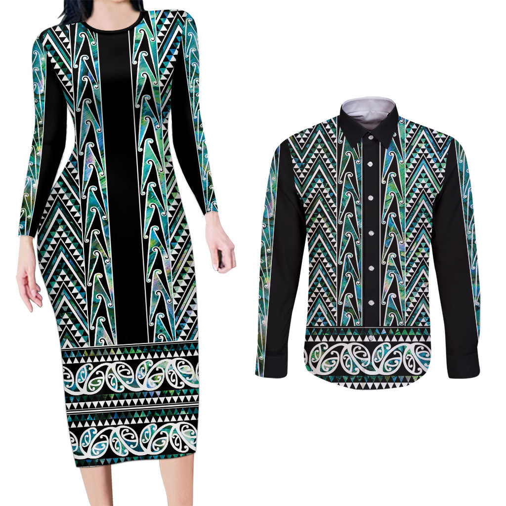 New Zealand Maori Niho Taniwha Couples Matching Long Sleeve Bodycon Dress and Long Sleeve Button Shirt Papua Shell - Mangopare Puhoro Pattern