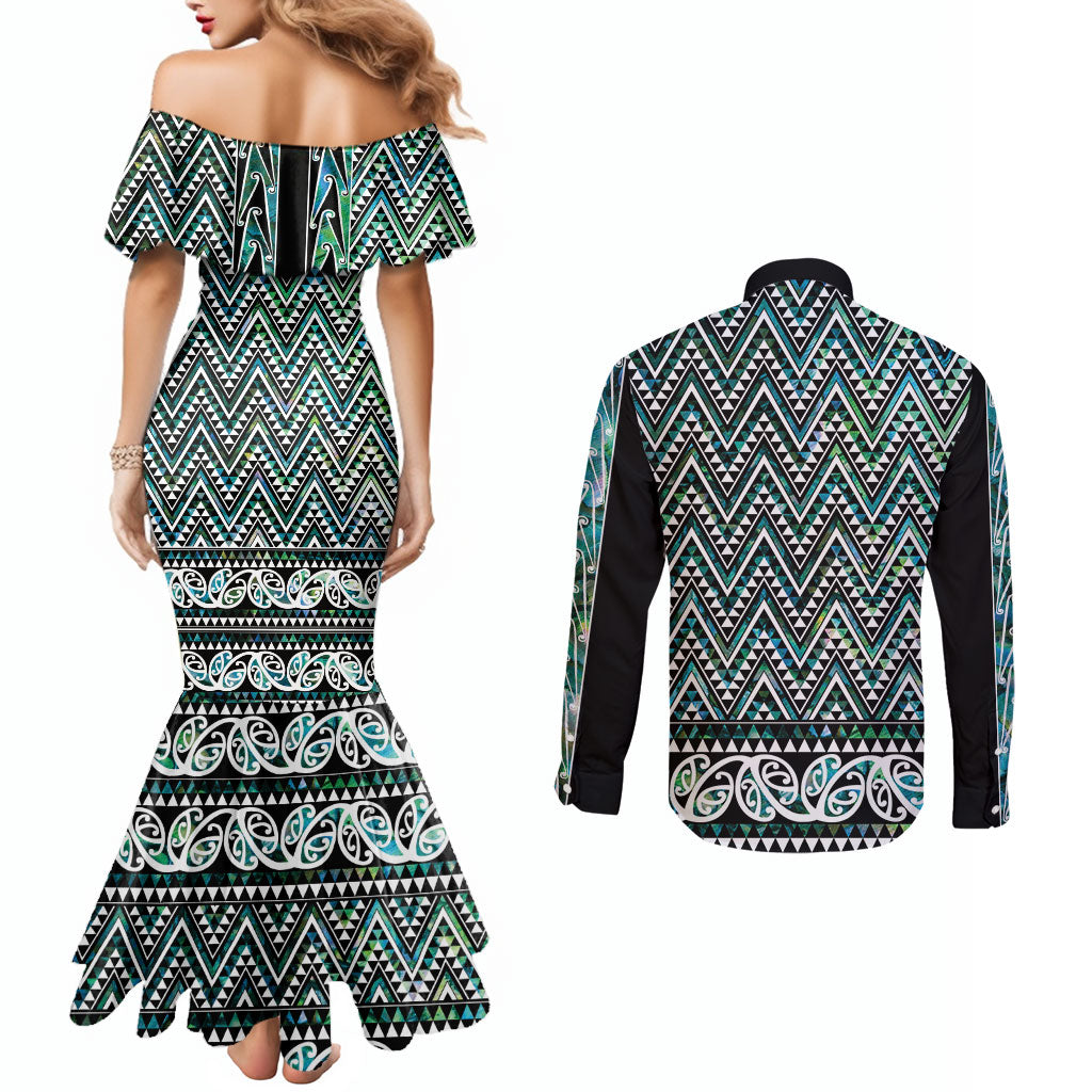 New Zealand Maori Niho Taniwha Couples Matching Mermaid Dress and Long Sleeve Button Shirt Papua Shell - Mangopare Puhoro Pattern