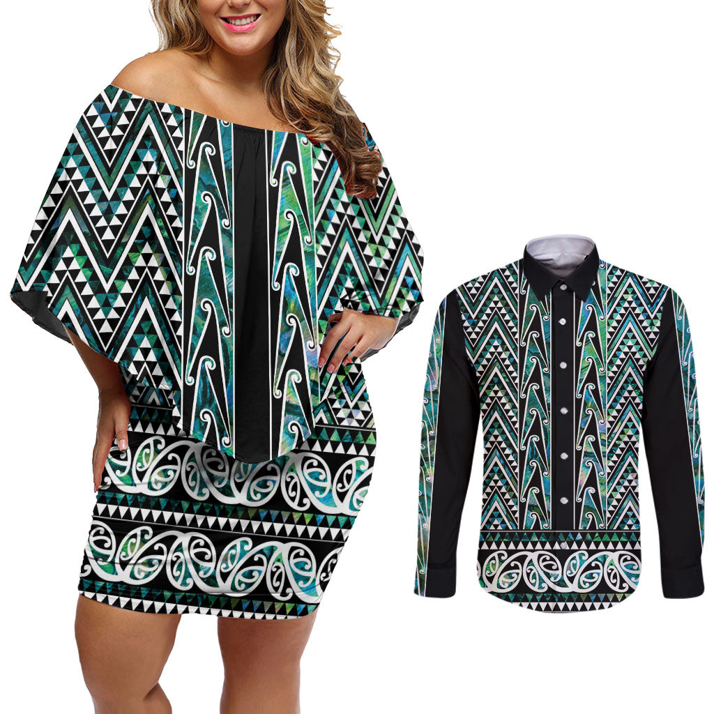 New Zealand Maori Niho Taniwha Couples Matching Off Shoulder Short Dress and Long Sleeve Button Shirt Papua Shell - Mangopare Puhoro Pattern