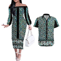New Zealand Maori Niho Taniwha Couples Matching Off The Shoulder Long Sleeve Dress and Hawaiian Shirt Papua Shell - Mangopare Puhoro Pattern