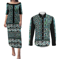 New Zealand Maori Niho Taniwha Couples Matching Puletasi and Long Sleeve Button Shirt Papua Shell - Mangopare Puhoro Pattern