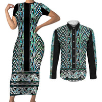 New Zealand Maori Niho Taniwha Couples Matching Short Sleeve Bodycon Dress and Long Sleeve Button Shirt Papua Shell - Mangopare Puhoro Pattern