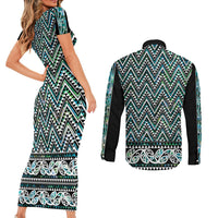 New Zealand Maori Niho Taniwha Couples Matching Short Sleeve Bodycon Dress and Long Sleeve Button Shirt Papua Shell - Mangopare Puhoro Pattern