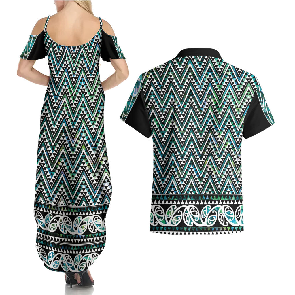 New Zealand Maori Niho Taniwha Couples Matching Summer Maxi Dress and Hawaiian Shirt Papua Shell - Mangopare Puhoro Pattern